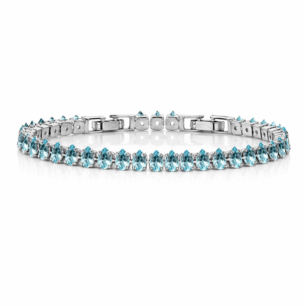 JeenMata 5.5 Carat March Aquamarine - Pear Cut Birthstone Tennis Bracelet Eternity Design - White Gold Plating, Female, Adult