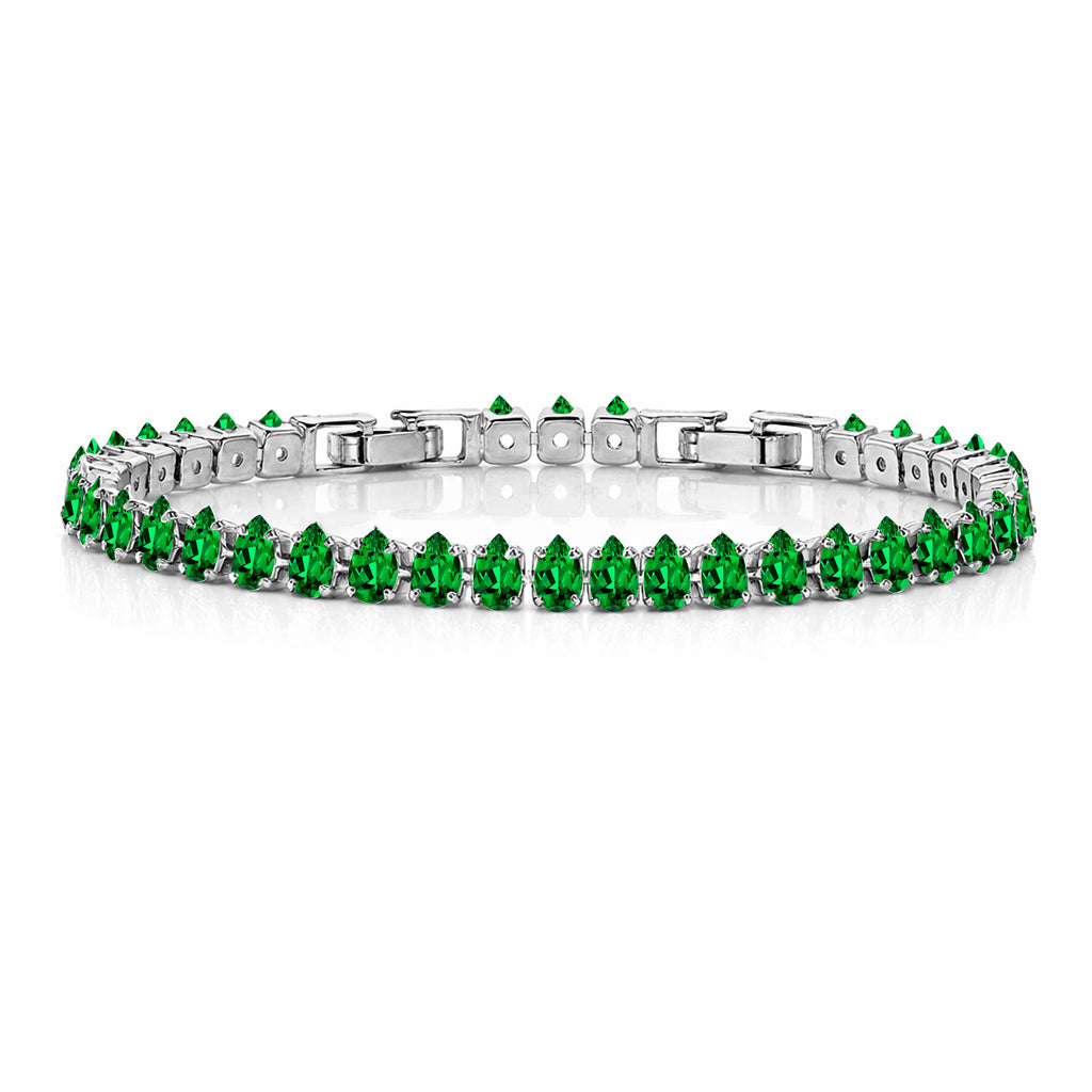 JeenMata 5.5 Carat May Emerald - Pear Cut Birthstone Tennis Bracelet Eternity Design - White Gold Plating, Female, Adult