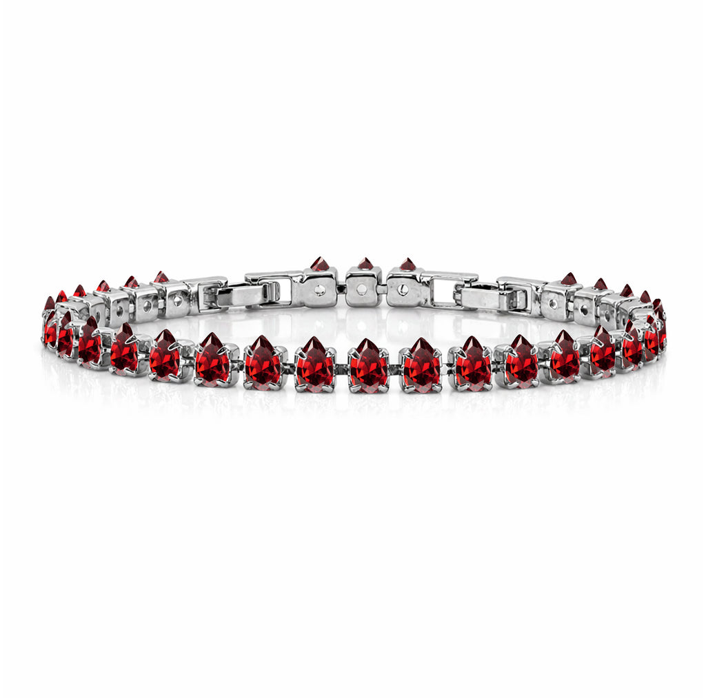 JeenMata 11 TCW July Ruby - Pear Cut Birthstone Tennis Bracelet for Women in Eternity Design - White Gold Plating, Female, Adult
