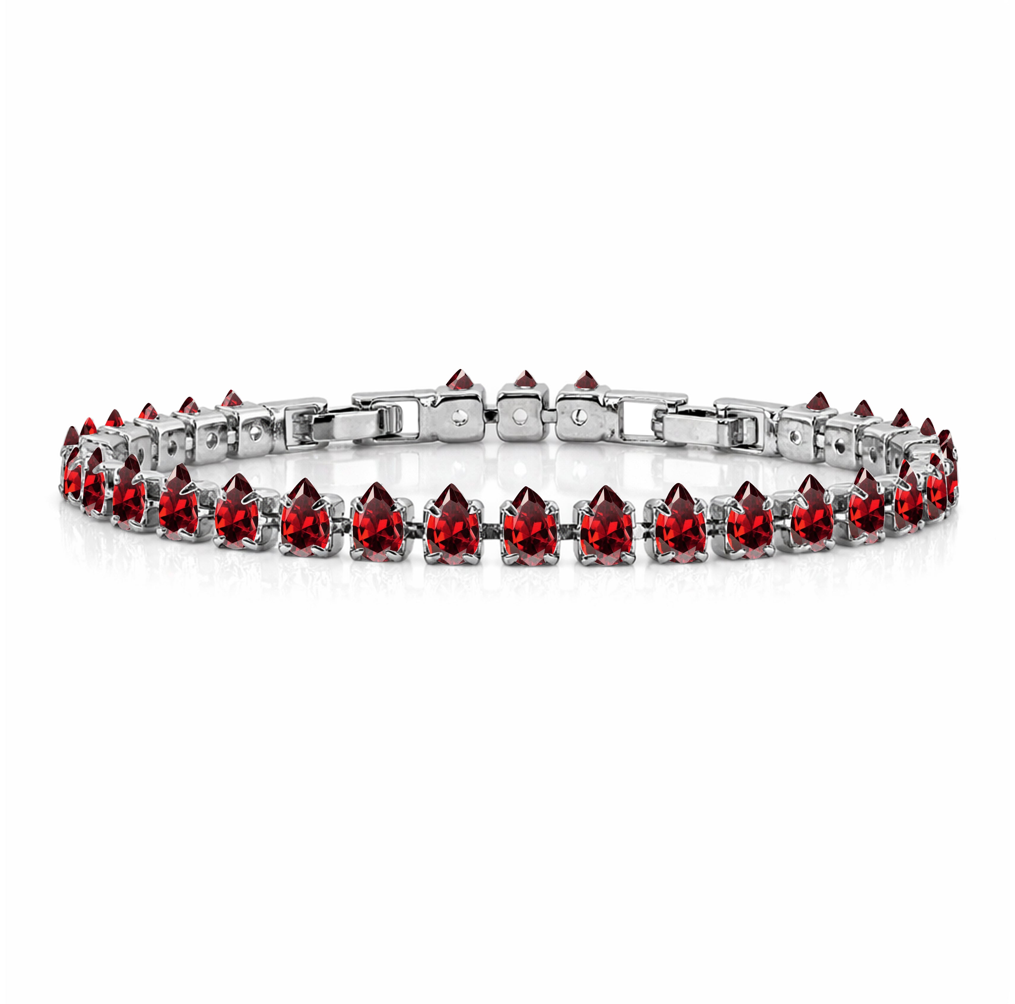 JeenMata 11 TCW July Ruby - Pear Cut Birthstone Tennis Bracelet for Women in Eternity Design - White Gold Plating, Female, Adult