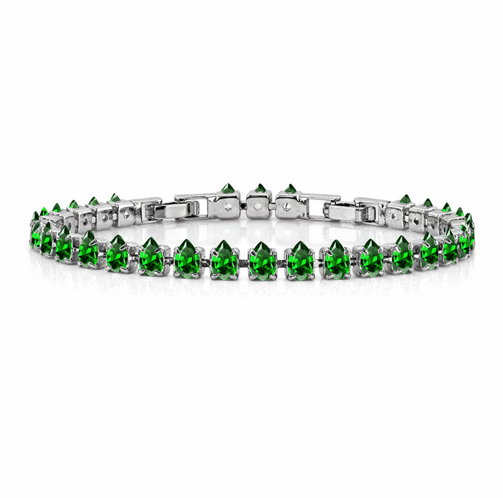 JeenMata 11 TCW May Emerald - Pear Cut Birthstone Tennis Bracelet for Women in Eternity Design - White Gold Plating, Female, Adult