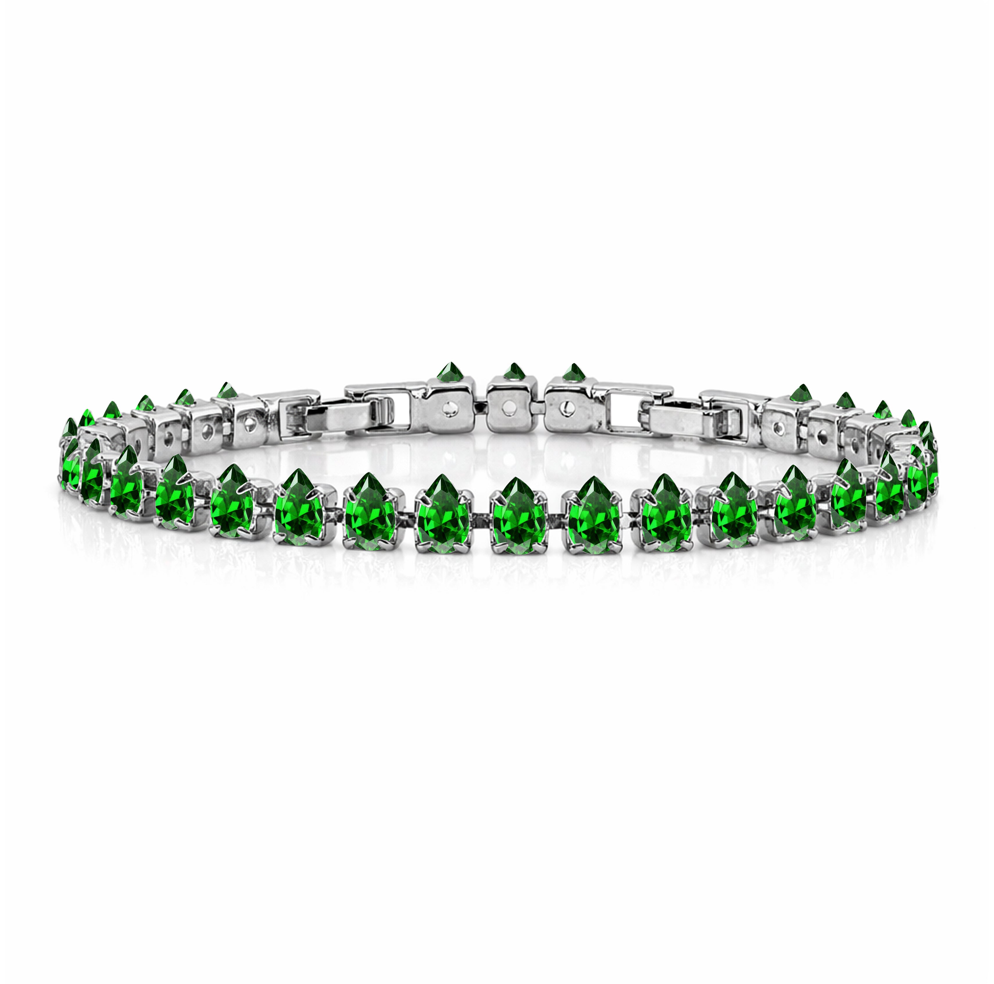 JeenMata 11 TCW May Emerald - Pear Cut Birthstone Tennis Bracelet for Women in Eternity Design - White Gold Plating, Female, Adult