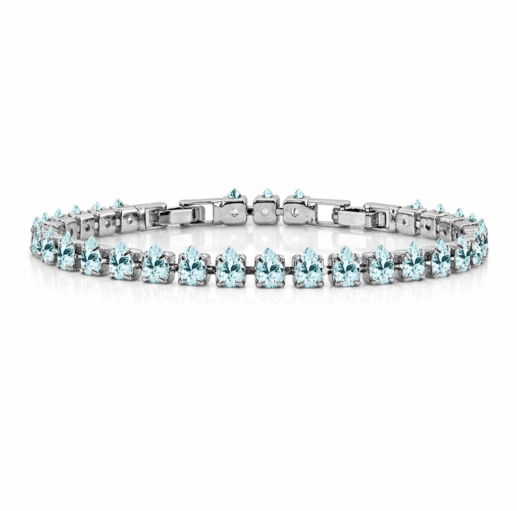 JeenMata 11 TCW March Aquamarine - Pear Cut Birthstone Tennis Bracelet for Women in Eternity Design - White Gold Plating, Female, Adult