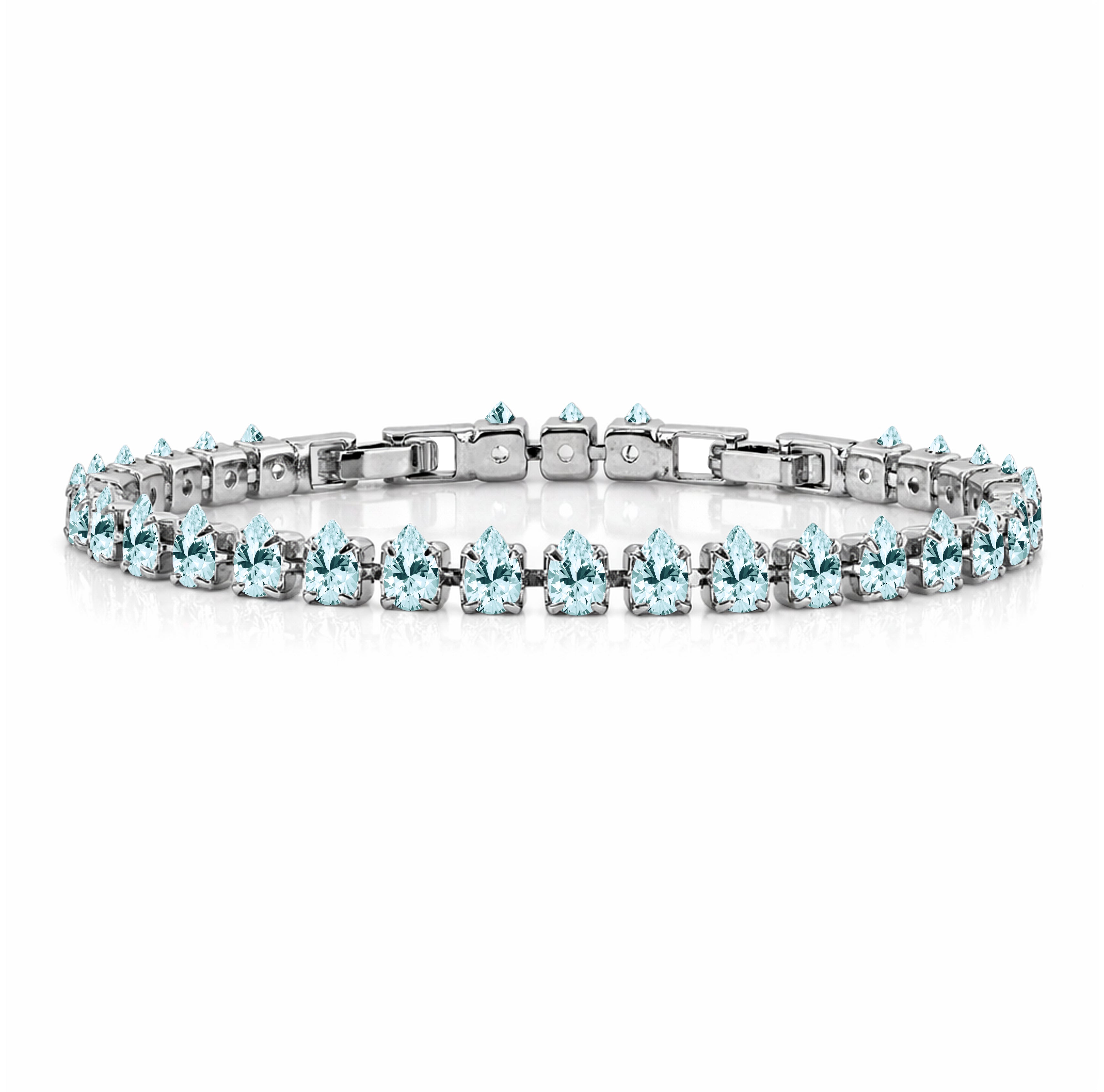 JeenMata 11 TCW March Aquamarine - Pear Cut Birthstone Tennis Bracelet for Women in Eternity Design - White Gold Plating, Female, Adult