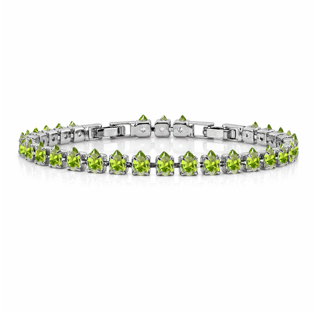 JeenMata 11 TCW August Peridot - Pear Cut Birthstone Tennis Bracelet for Women in Eternity Design - White Gold Plating, Female, Adult
