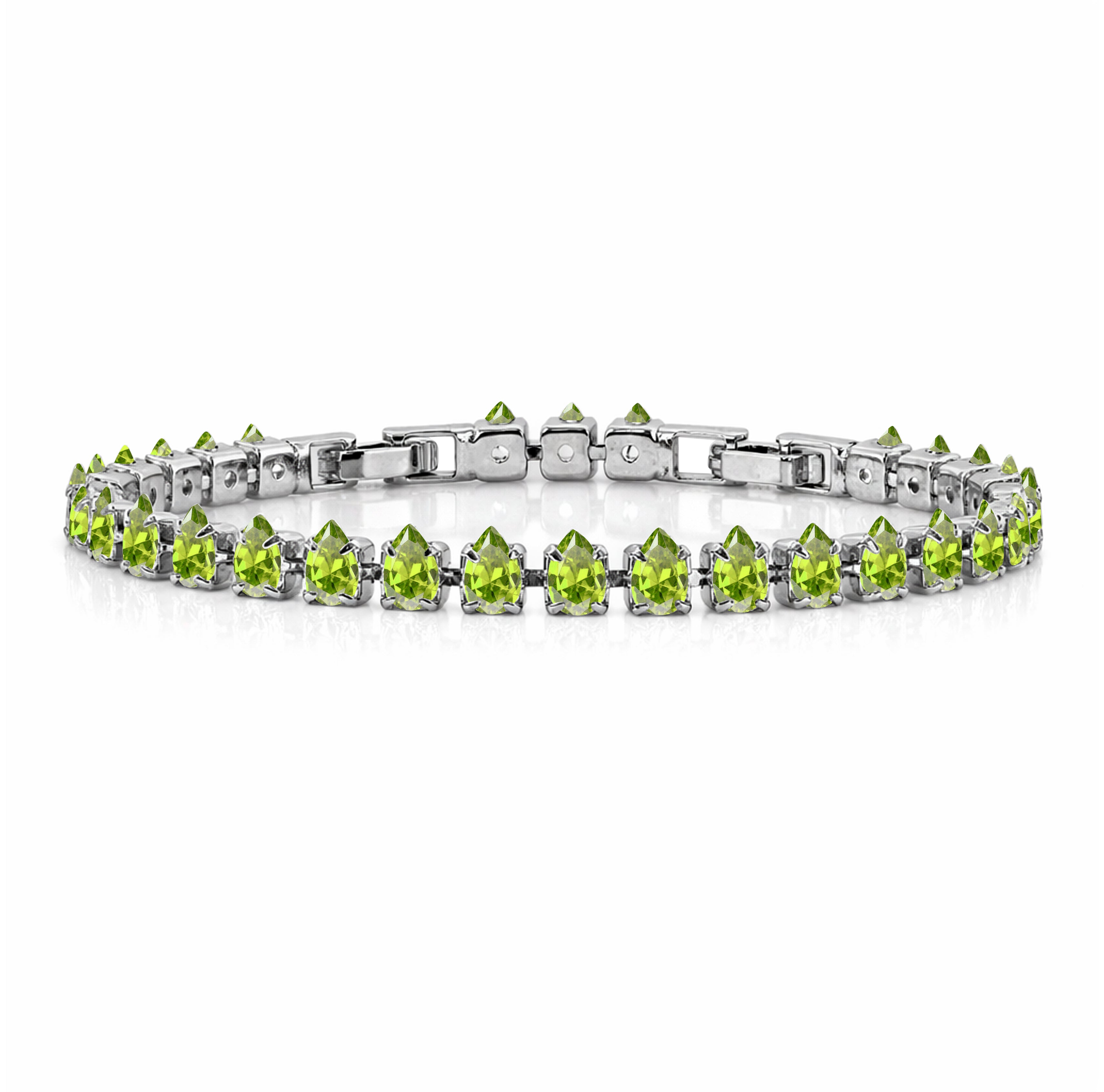 JeenMata 11 TCW August Peridot - Pear Cut Birthstone Tennis Bracelet for Women in Eternity Design - White Gold Plating, Female, Adult