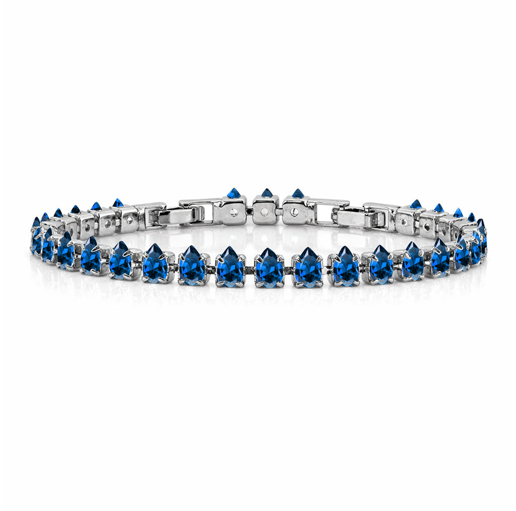 JeenMata 11 TCW September Blue Sapphire - Pear Cut Birthstone Tennis Bracelet for Women in Eternity Design - White Gold Plating, Female, Adult