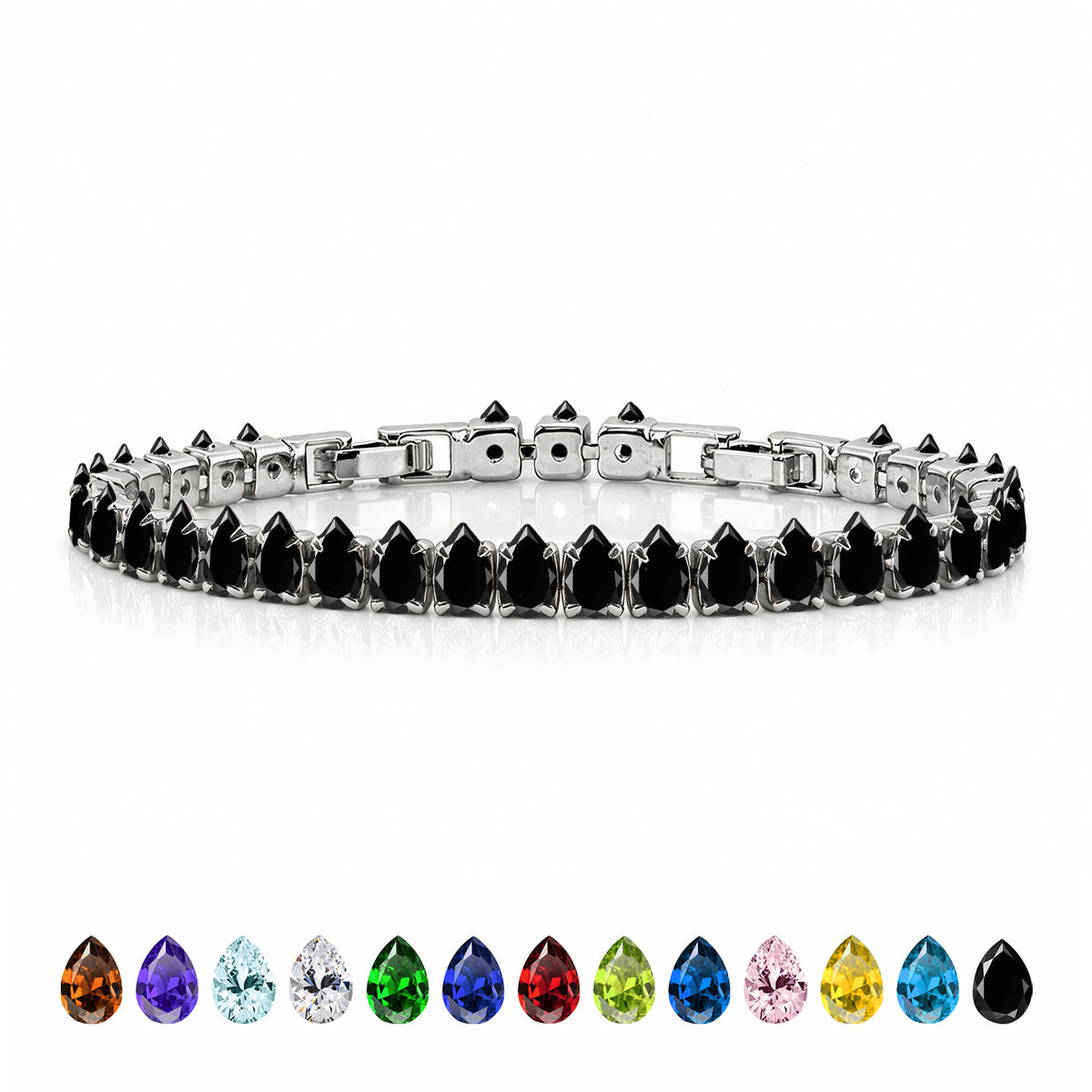 JeenMata 11 TCW Black Cubic Zirconia - Pear Cut Birthstone Tennis Bracelet for Women in Eternity Design - White Gold Plating, Female, Adult