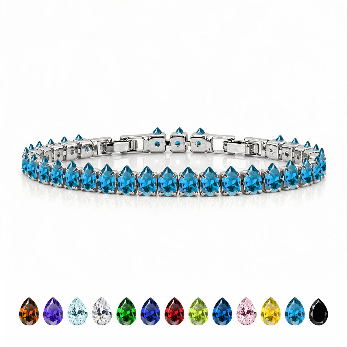JeenMata 5.5 Carat December Blue Topaz - Pear Cut Birthstone Tennis Bracelet Eternity Design - White Gold Plating, Female, Adult