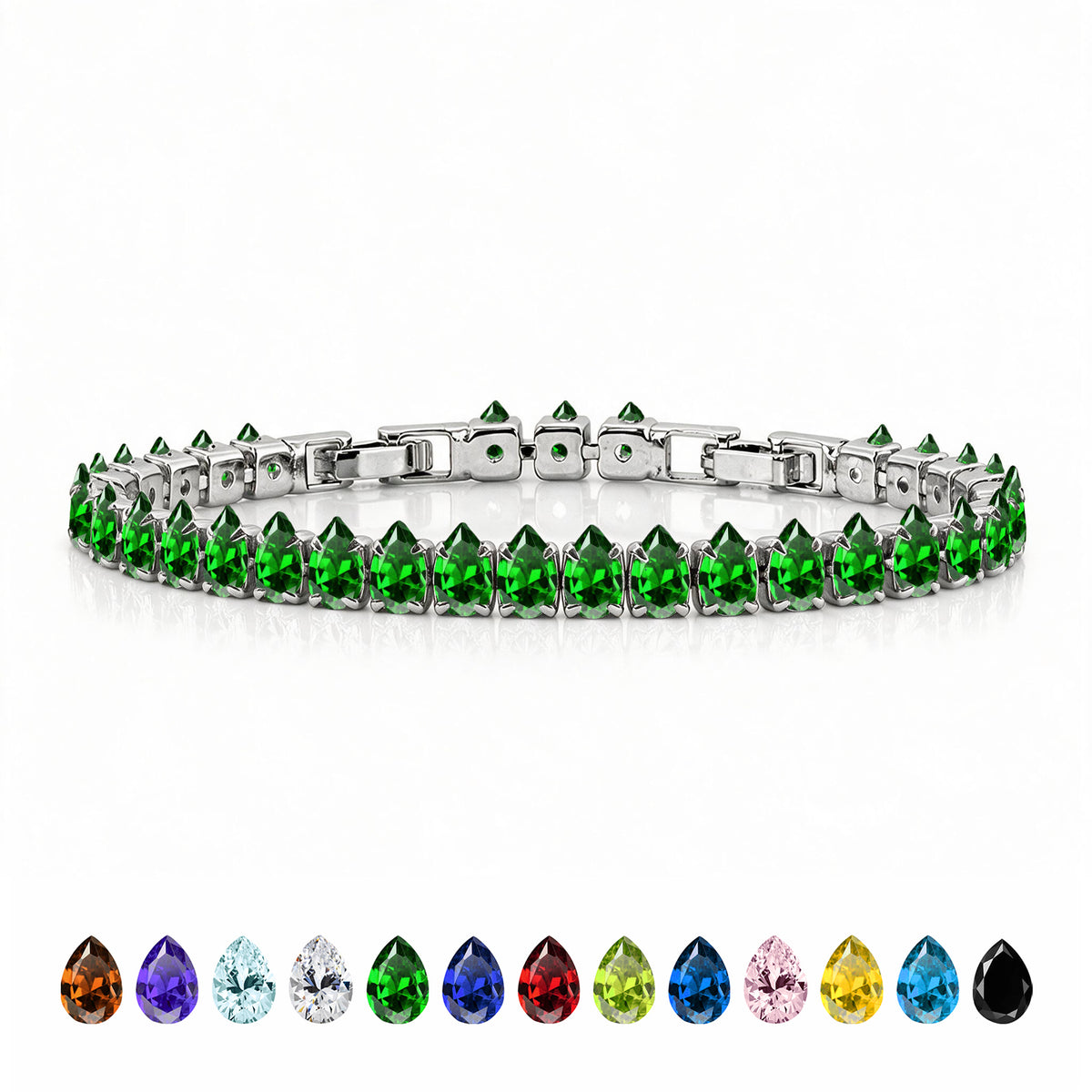 JeenMata 11 TCW May Emerald - Pear Cut Birthstone Tennis Bracelet for Women in Eternity Design - White Gold Plating, Female, Adult