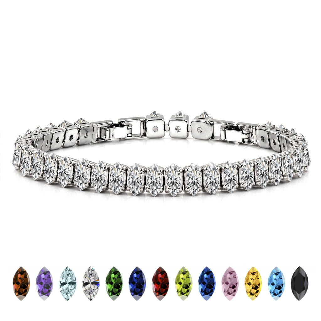 JeenMata 11 TCW April Cubic Zirconia - Marquise Cut Birthstone Tennis Bracelet for Women in Eternity Design - White Gold Plating, Female, Adult