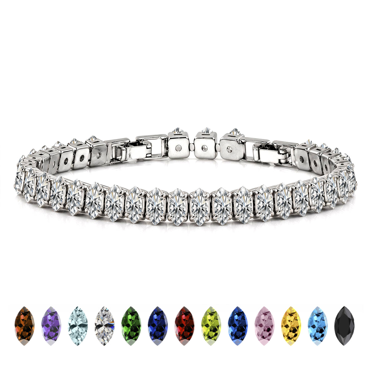 JeenMata 11 TCW April Cubic Zirconia - Marquise Cut Birthstone Tennis Bracelet for Women in Eternity Design - White Gold Plating, Female, Adult