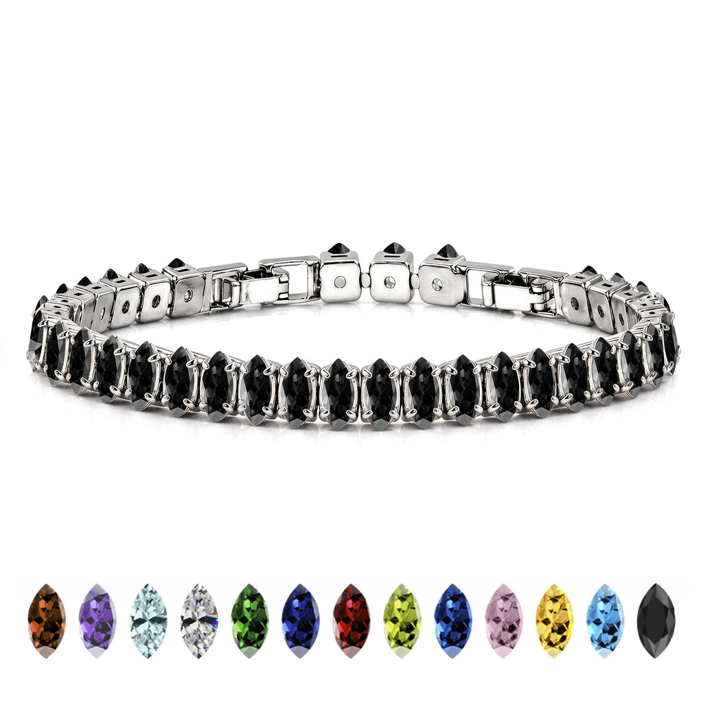 JeenMata 11 TCW Black Cubic Zirconia - Marquise Cut Birthstone Tennis Bracelet for Women in Eternity Design - White Gold Plating, Female, Adult