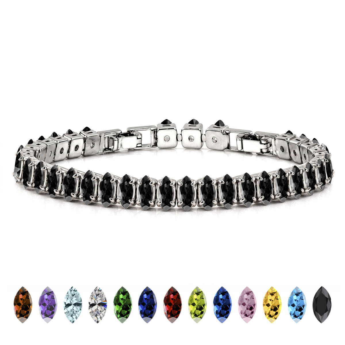 JeenMata 11 TCW Black Cubic Zirconia - Marquise Cut Birthstone Tennis Bracelet for Women in Eternity Design - White Gold Plating, Female, Adult