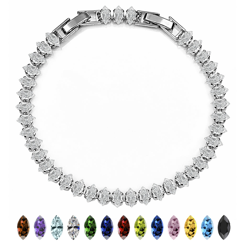 JeenMata 5.5 Carat April Cubic Zirconia - Marquise Cut Birthstone Tennis Bracelet Eternity Design - White Gold Plating, Female, Adult