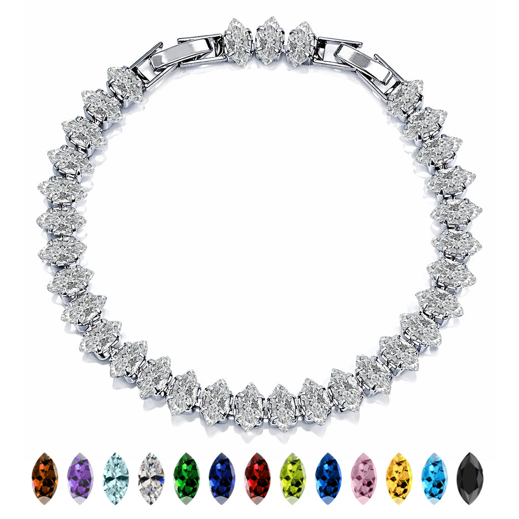 JeenMata 11 TCW April Cubic Zirconia - Marquise Cut Birthstone Tennis Bracelet for Women in Eternity Design - White Gold Plating, Female, Adult