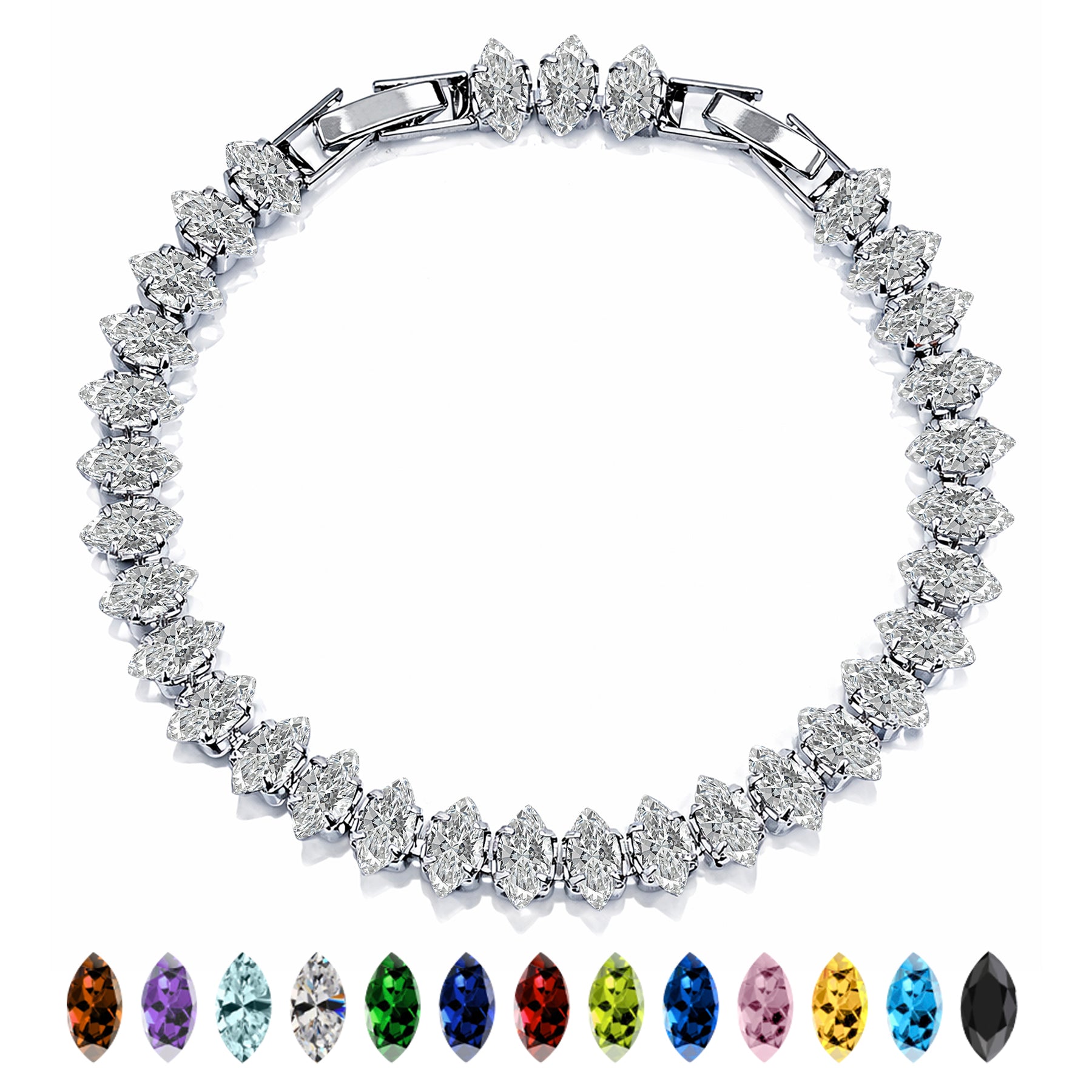 JeenMata 11 TCW April Cubic Zirconia - Marquise Cut Birthstone Tennis Bracelet for Women in Eternity Design - White Gold Plating, Female, Adult