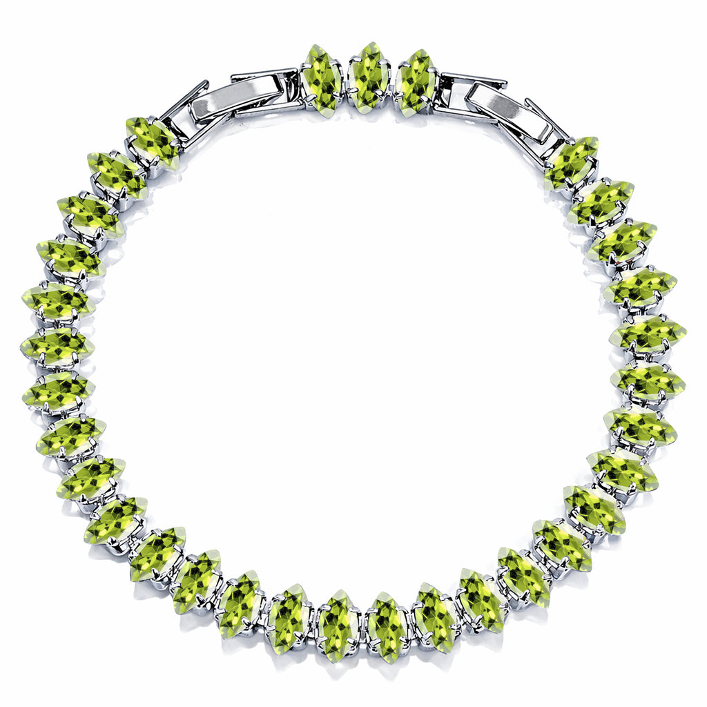 JeenMata 11 TCW August Peridot - Marquise Cut Birthstone Tennis Bracelet for Women in Eternity Design - White Gold Plating, Female, Adult