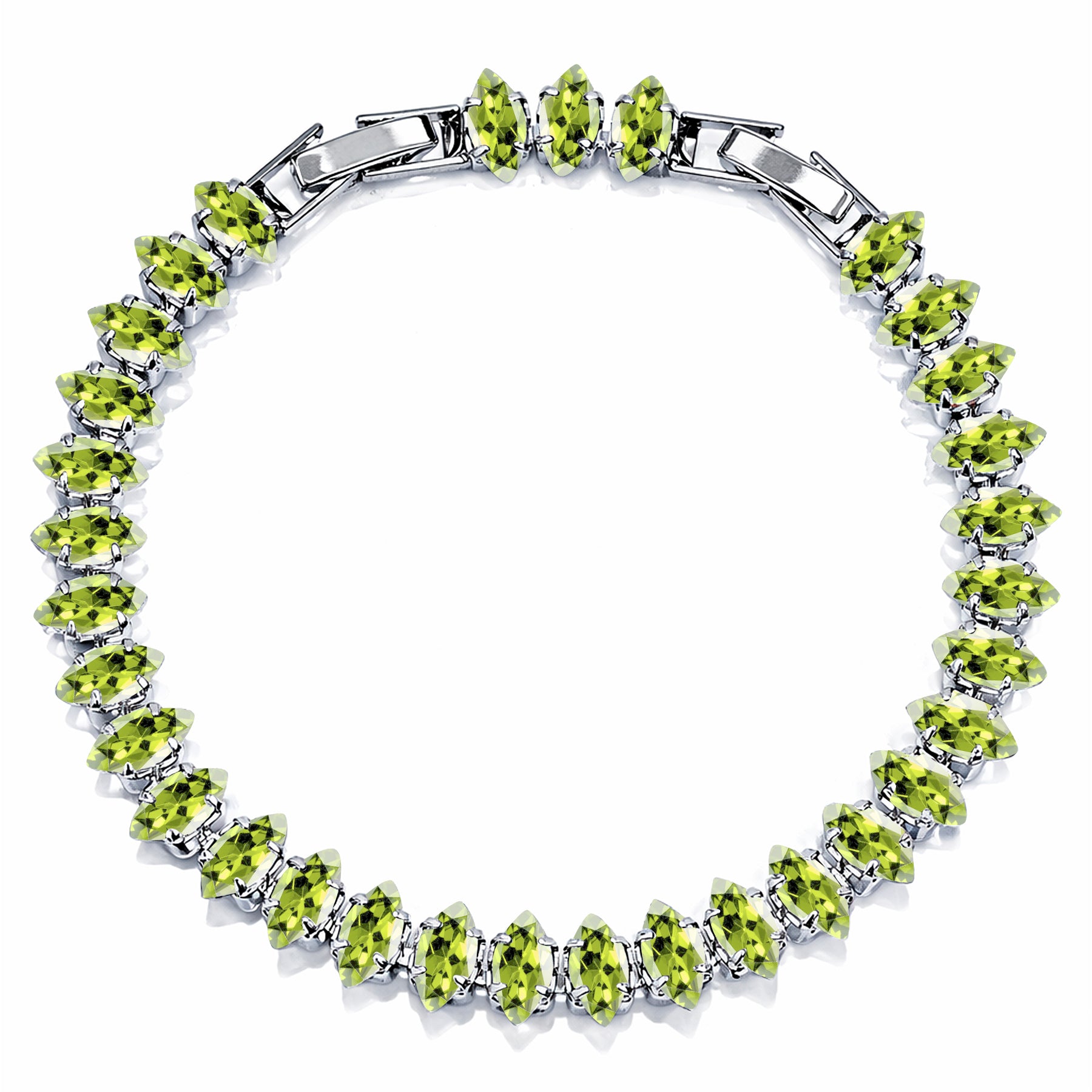 JeenMata 11 TCW August Peridot - Marquise Cut Birthstone Tennis Bracelet for Women in Eternity Design - White Gold Plating, Female, Adult