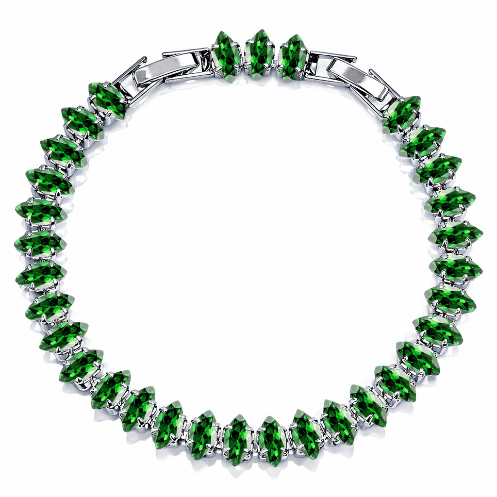 JeenMata 11 TCW May Emerald - Marquise Cut Birthstone Tennis Bracelet for Women in Eternity Design - White Gold Plating, Female, Adult