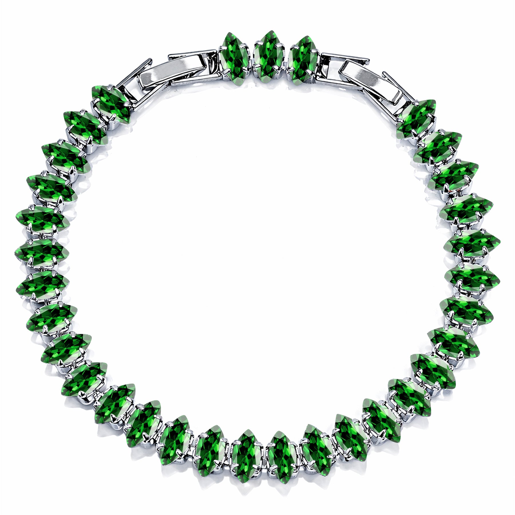JeenMata 11 TCW May Emerald - Marquise Cut Birthstone Tennis Bracelet for Women in Eternity Design - White Gold Plating, Female, Adult