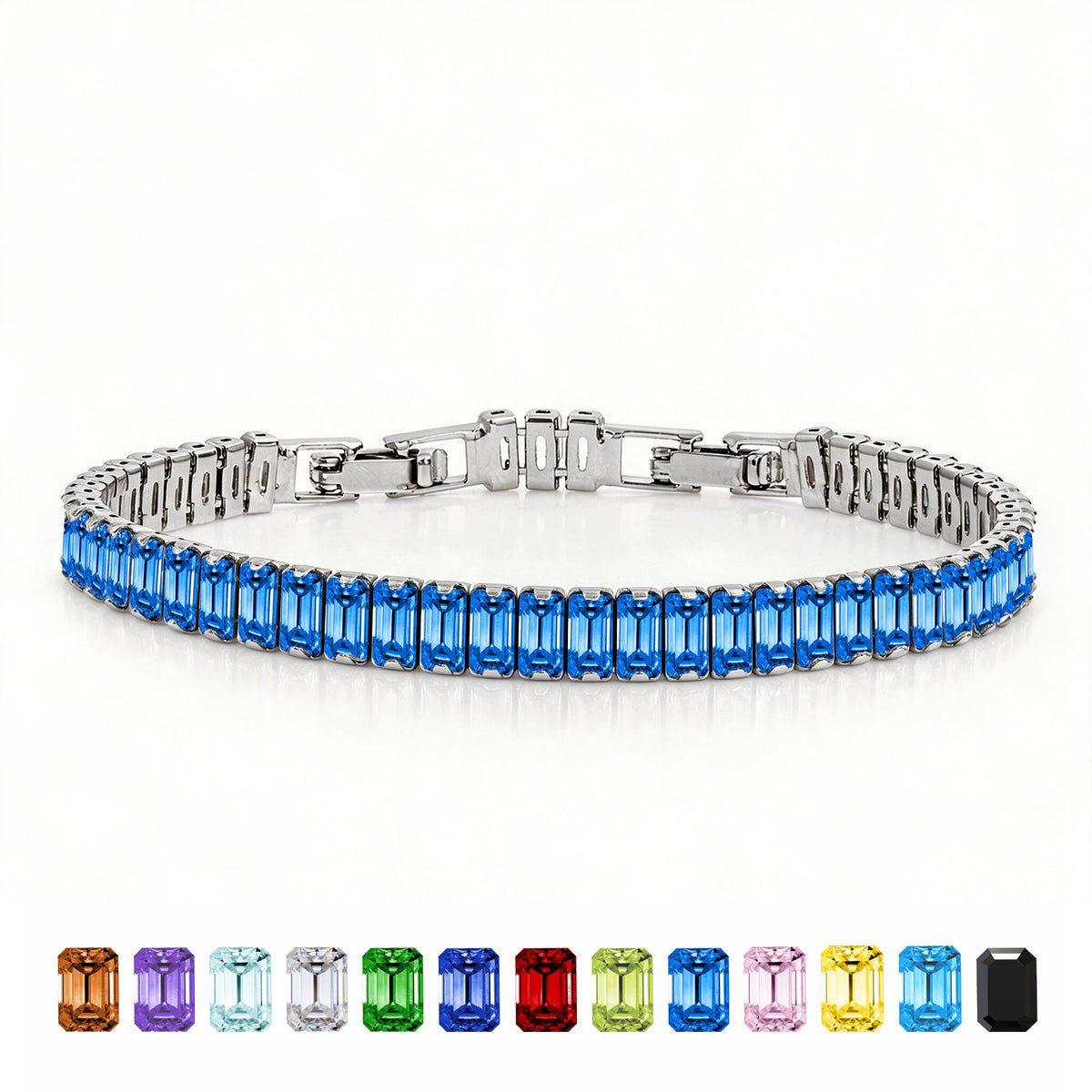 JeenMata 5.5 Carat September Blue Sapphire - Emerald Cut Birthstone Tennis Bracelet Eternity Design - White Gold Plating, Female, Adult