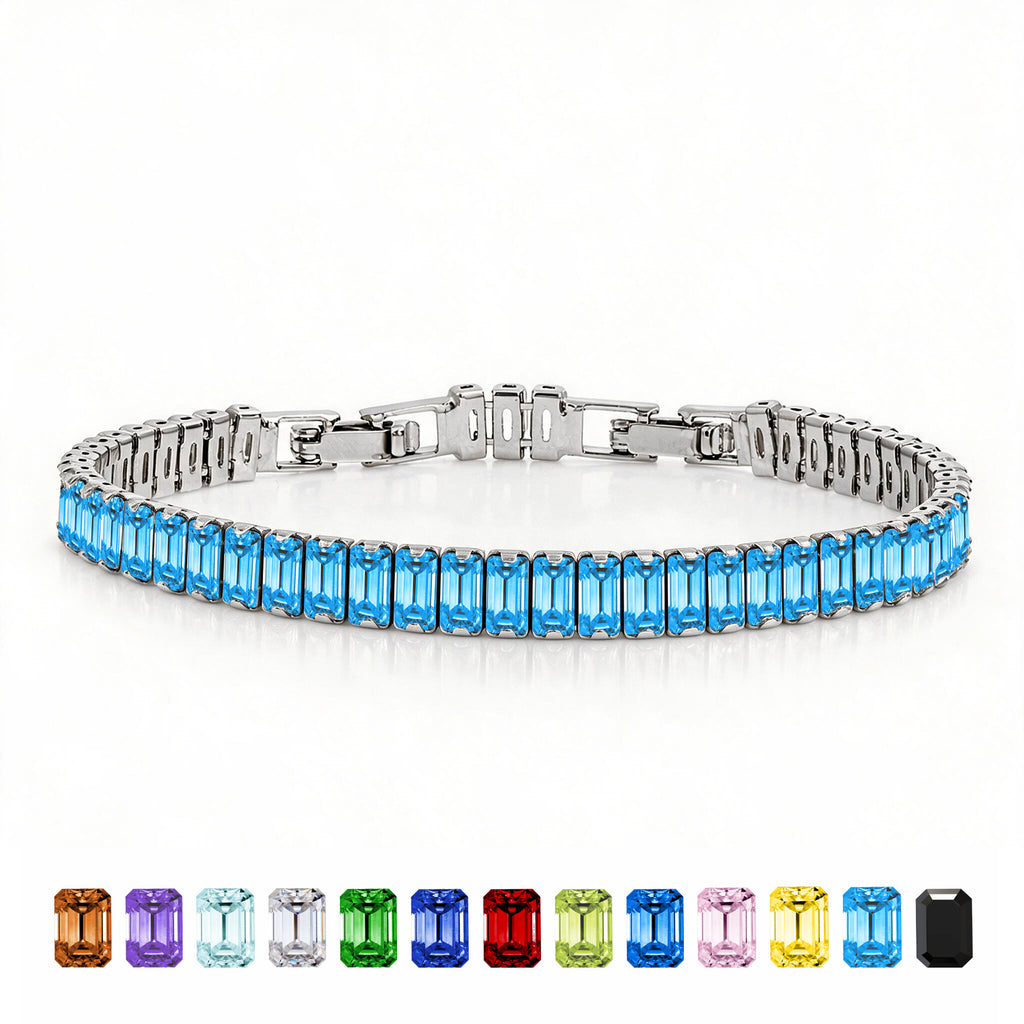JeenMata 5.5 Carat December Blue Topaz - Emerald Cut Birthstone Tennis Bracelet Eternity Design - White Gold Plating, Female, Adult
