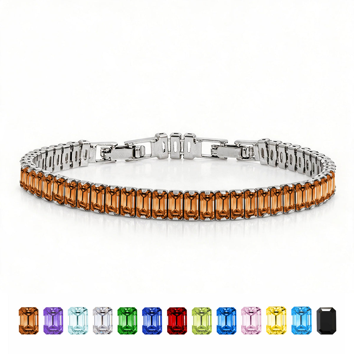 JeenMata 11 TCW January Garnet - Emerald Cut Birthstone Tennis Bracelet for Women in Eternity Design - White Gold Plating, Female, Adult