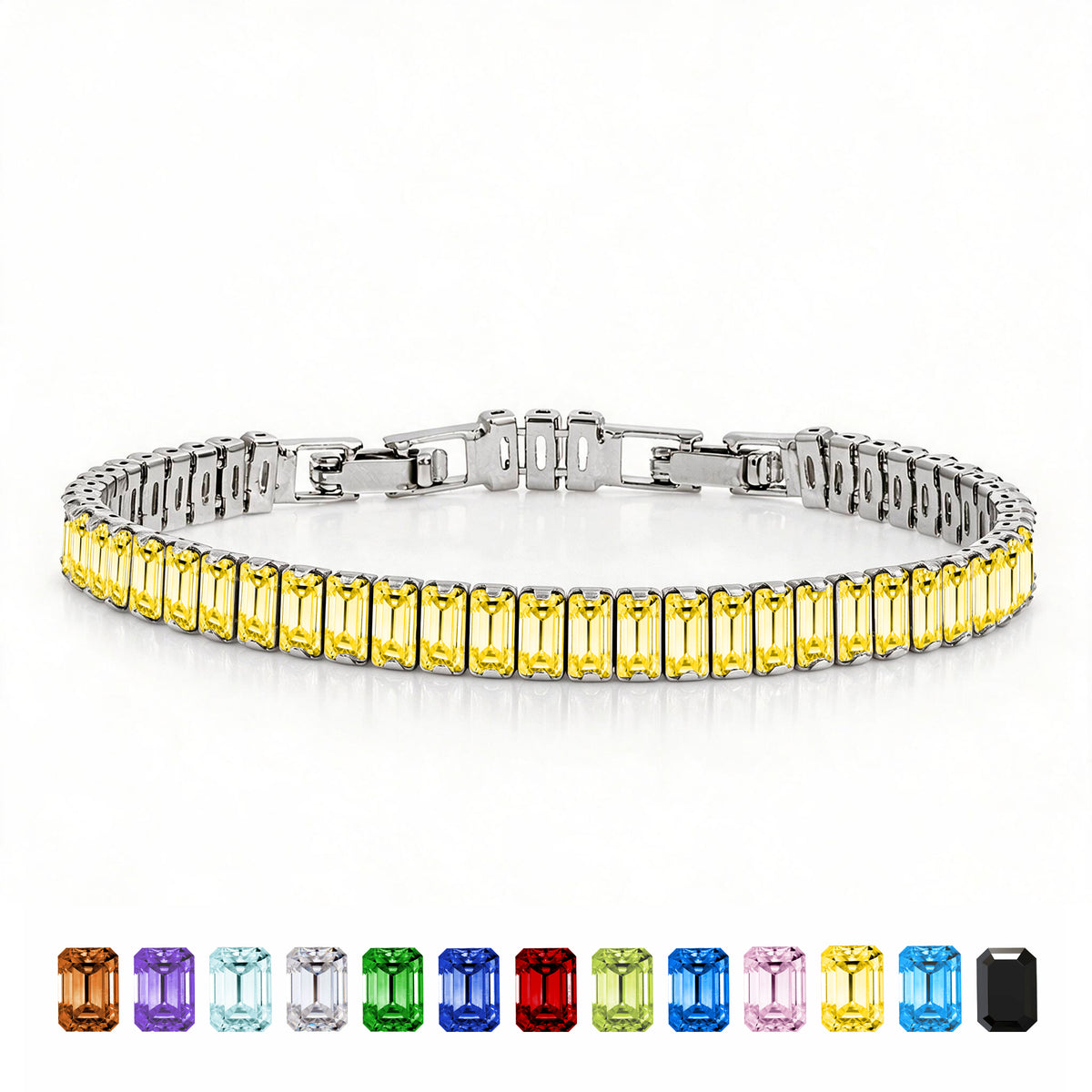 JeenMata 5.5 Carat November Citrine - Emerald Cut Birthstone Tennis Bracelet Eternity Design - White Gold Plating, Female, Adult