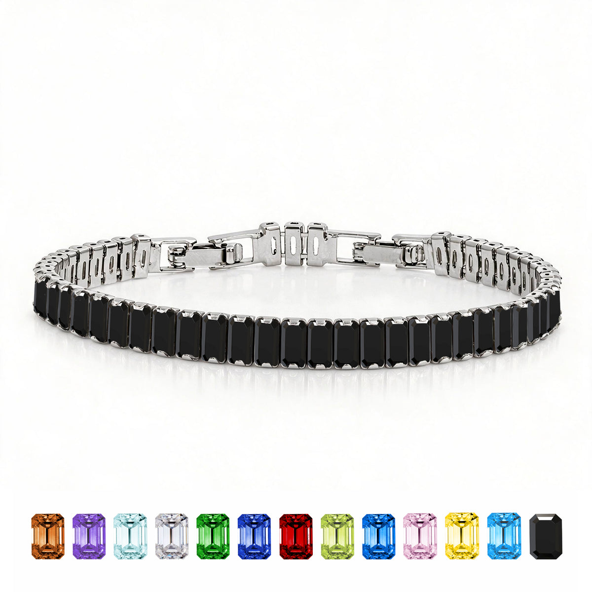 JeenMata 11 TCW Black Cubic Zirconia - Emerald Cut Birthstone Tennis Bracelet for Women in Eternity Design - White Gold Plating, Female, Adult
