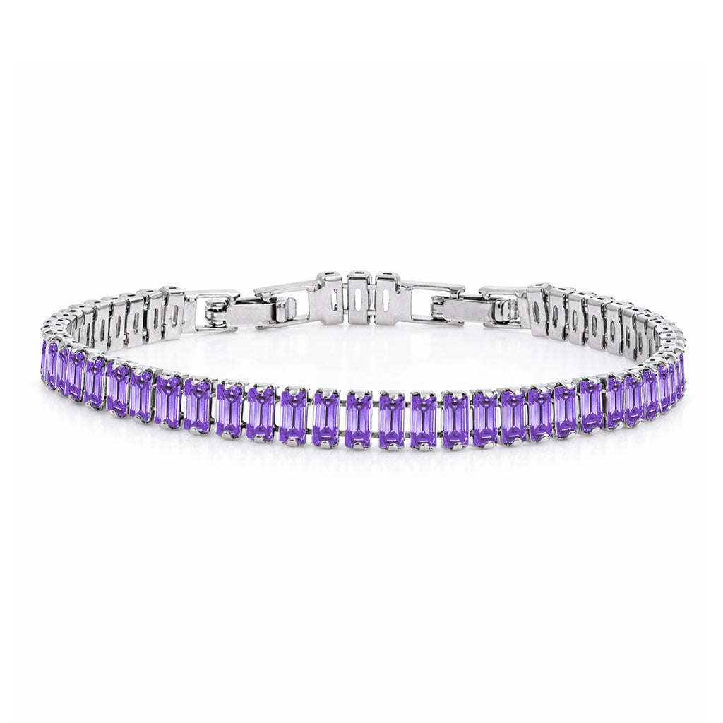 JeenMata 11 TCW February Amethyst - Emerald Cut Birthstone Tennis Bracelet for Women in Eternity Design - White Gold Plating, Female, Adult