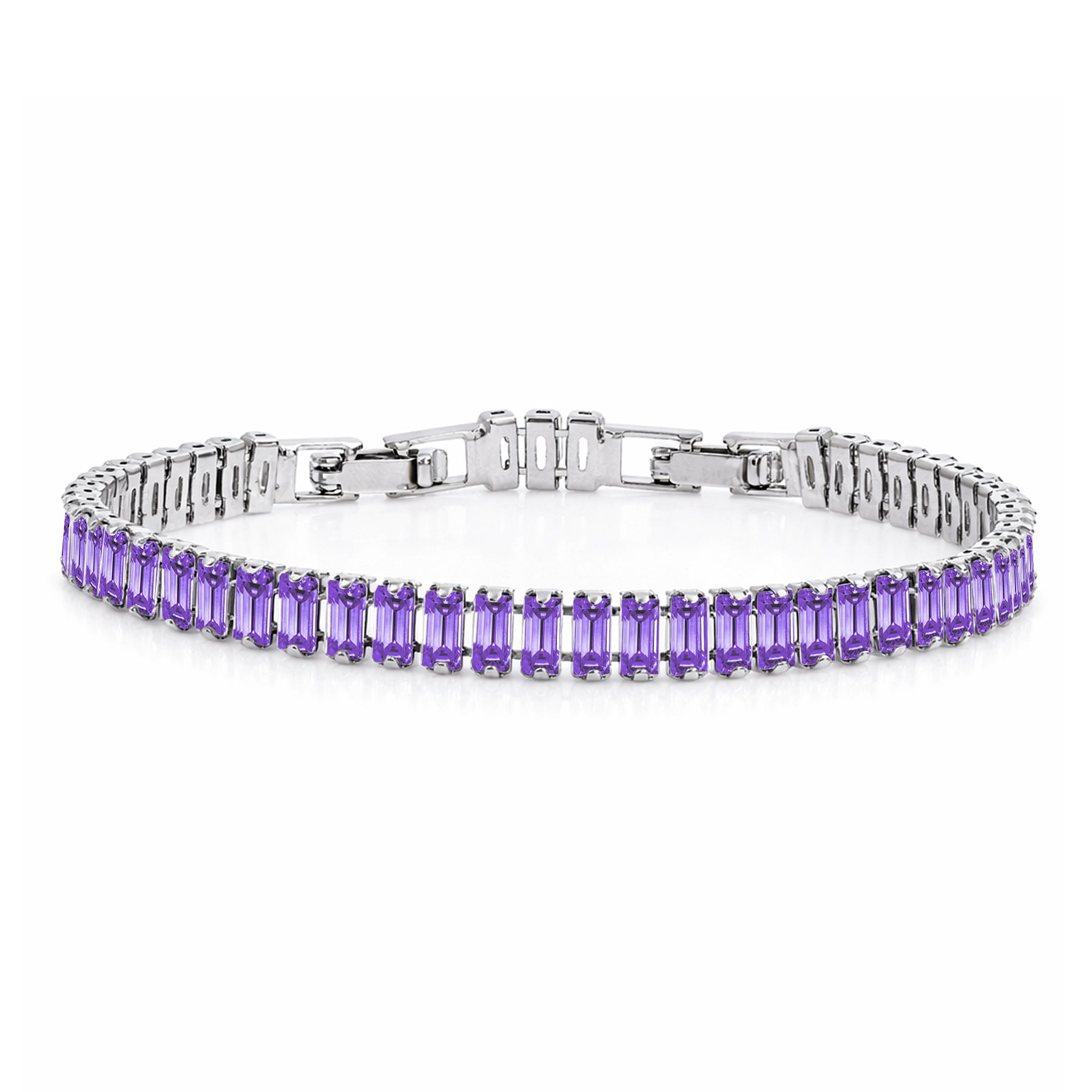 JeenMata 11 TCW February Amethyst - Emerald Cut Birthstone Tennis Bracelet for Women in Eternity Design - White Gold Plating, Female, Adult