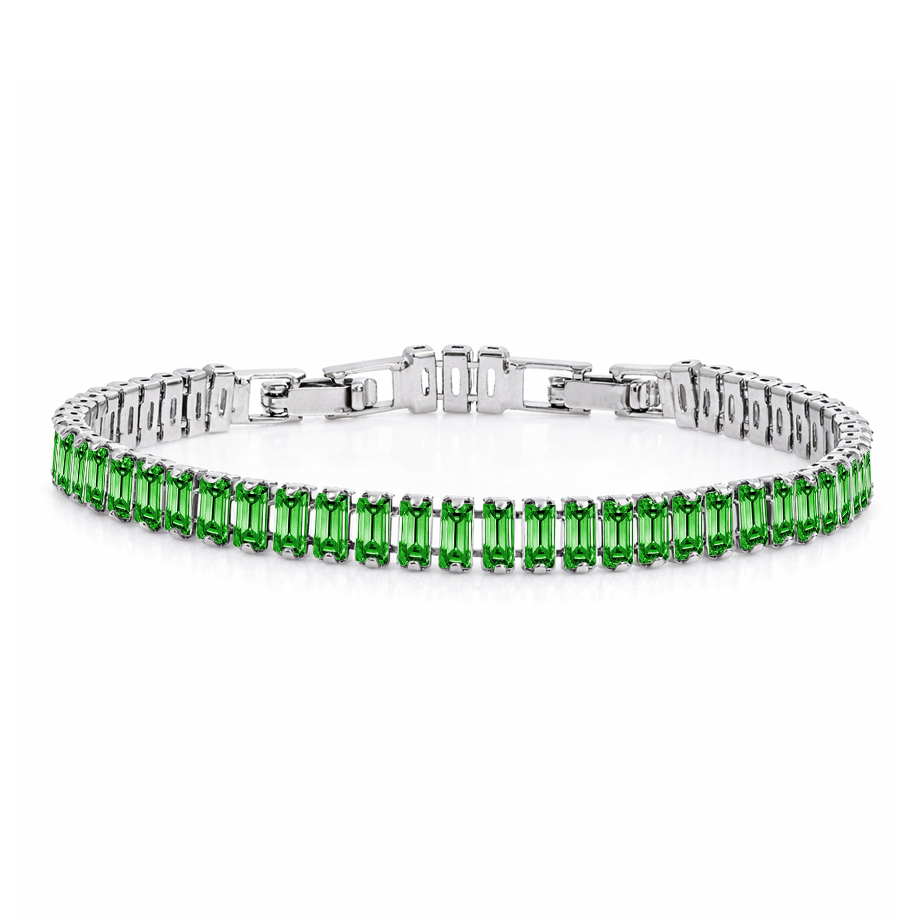 JeenMata 11 TCW May Emerald - Emerald Cut Birthstone Tennis Bracelet for Women in Eternity Design - White Gold Plating, Female, Adult