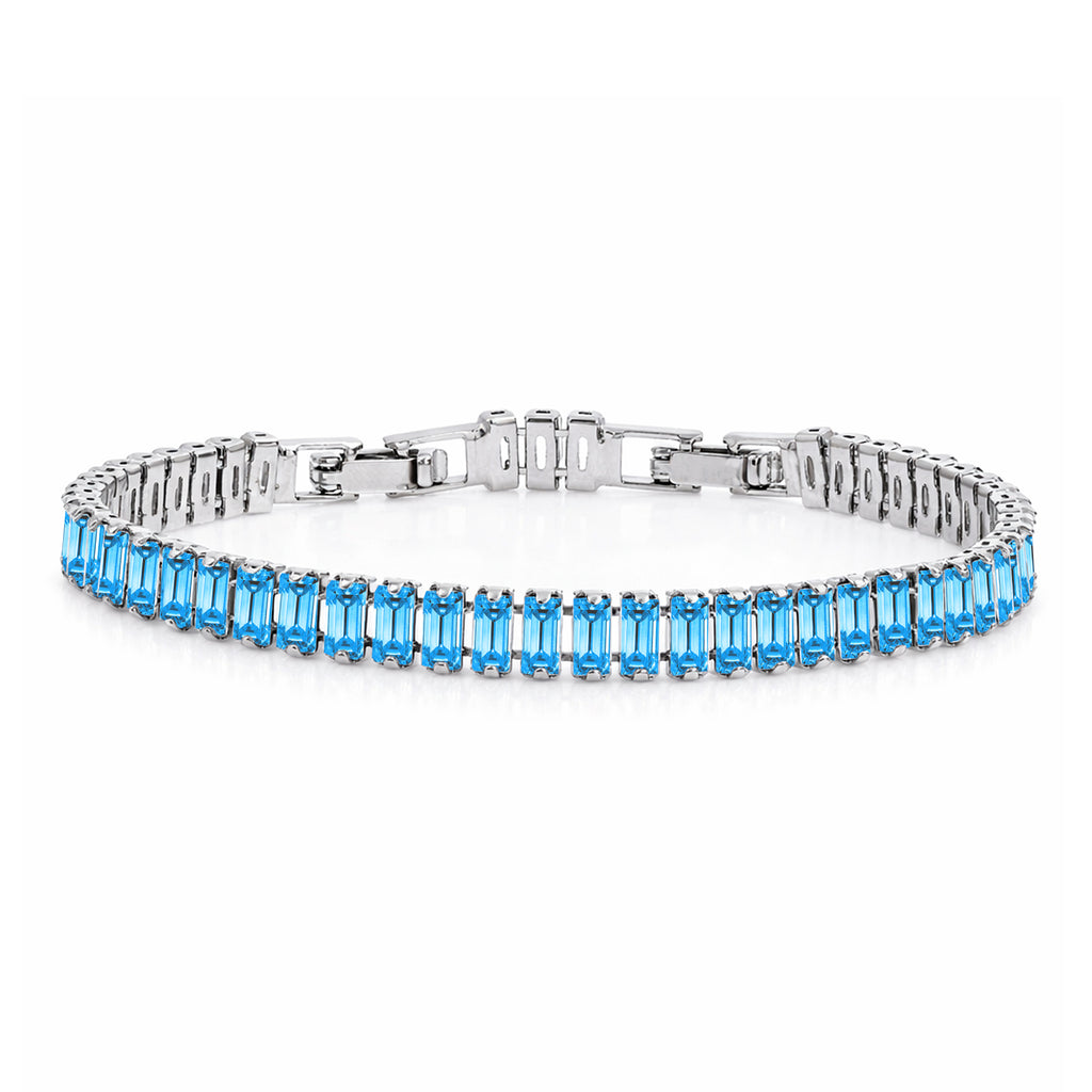 JeenMata 11 TCW December Blue Topaz - Emerald Cut Birthstone Tennis Bracelet for Women in Eternity Design - White Gold Plating, Female, Adult