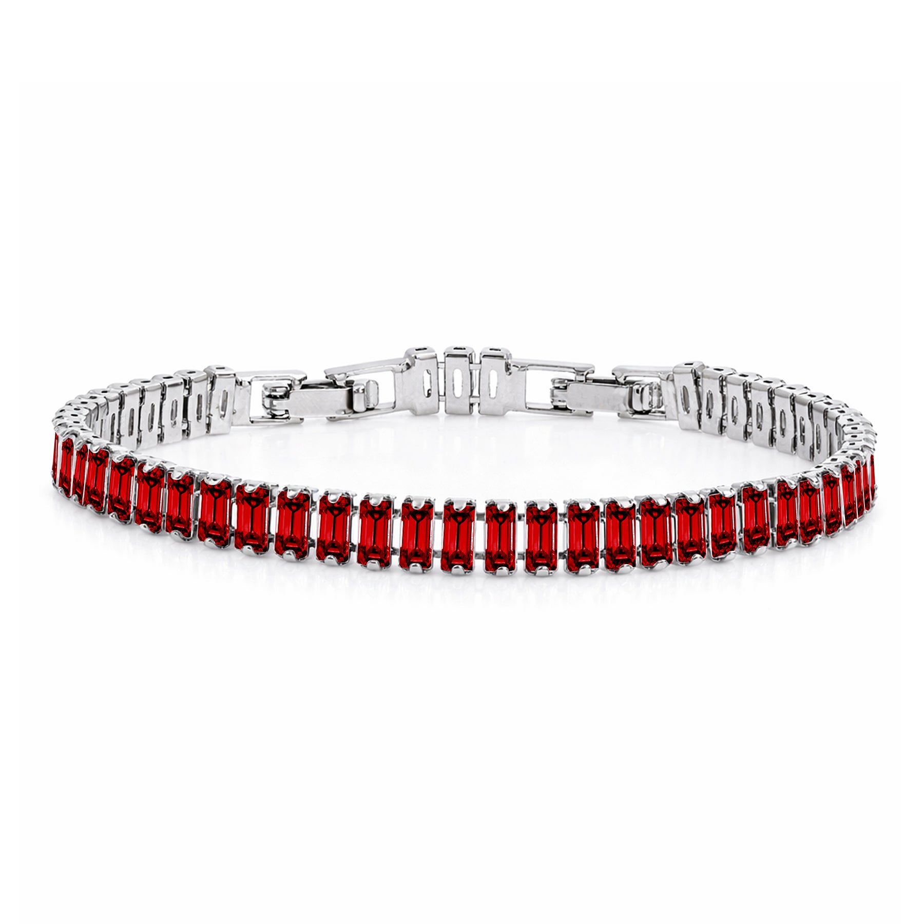 JeenMata 11 TCW July Ruby - Emerald Cut Birthstone Tennis Bracelet for Women in Eternity Design - White Gold Plating, Female, Adult