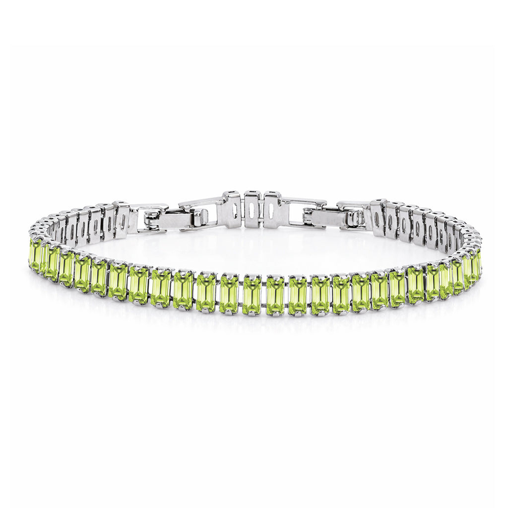 JeenMata 11 TCW August Peridot - Emerald Cut Birthstone Tennis Bracelet for Women in Eternity Design - White Gold Plating, Female, Adult
