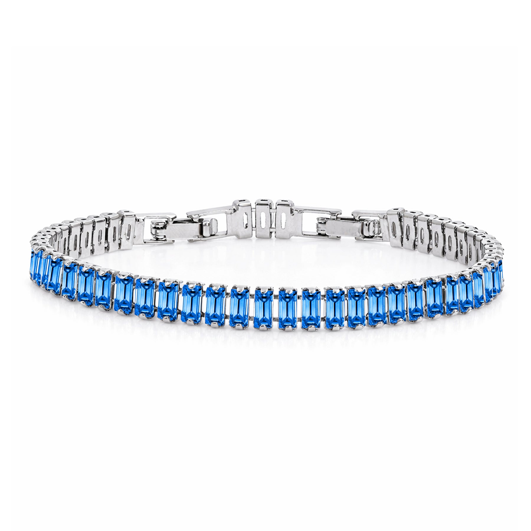 JeenMata 11 TCW September Blue Sapphire - Emerald Cut Birthstone Tennis Bracelet for Women in Eternity Design - White Gold Plating, Female, Adult