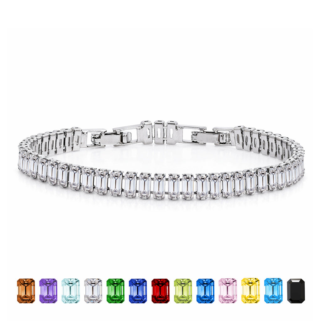 JeenMata 11 TCW April Cubic Zirconia - Emerald Cut Birthstone Tennis Bracelet for Women in Eternity Design - White Gold Plating, Female, Adult