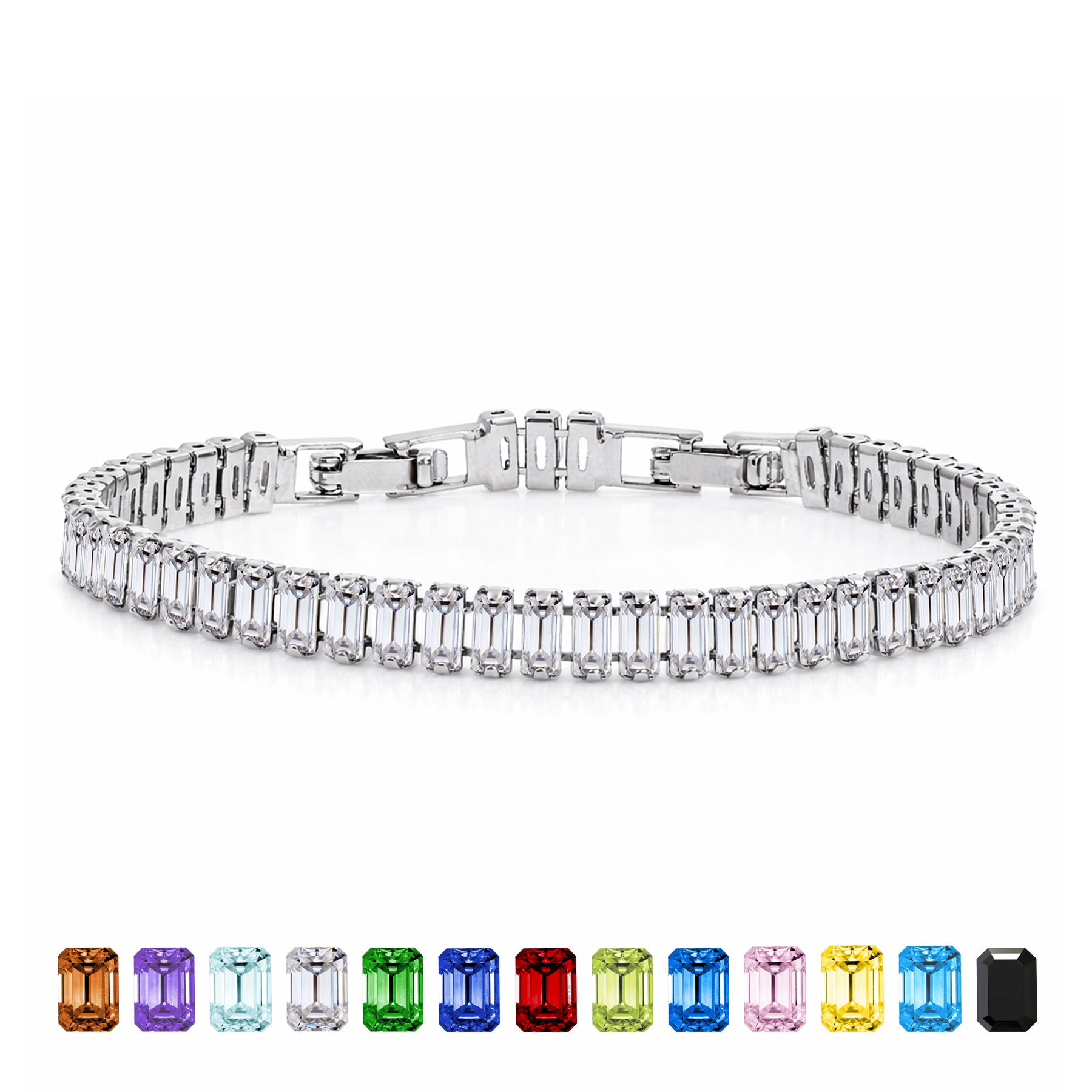 JeenMata 11 TCW April Cubic Zirconia - Emerald Cut Birthstone Tennis Bracelet for Women in Eternity Design - White Gold Plating, Female, Adult