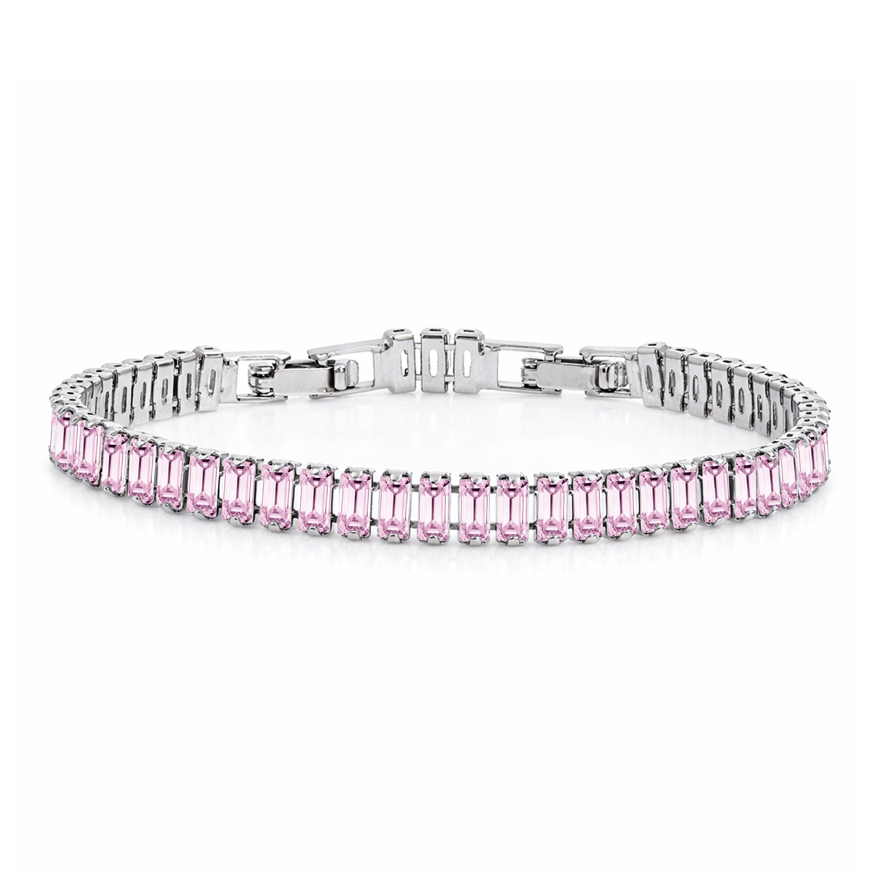 JeenMata 11 TCW October Pink Tourmaline - Emerald Cut Birthstone Tennis Bracelet for Women in Eternity Design - White Gold Plating, Female, Adult
