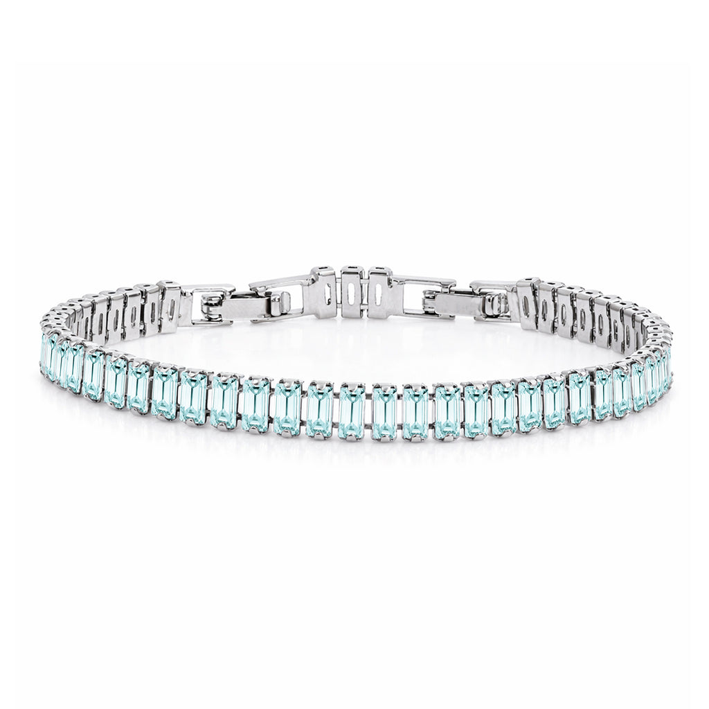 JeenMata 11 TCW March Aquamarine - Emerald Cut Birthstone Tennis Bracelet for Women in Eternity Design - White Gold Plating, Female, Adult