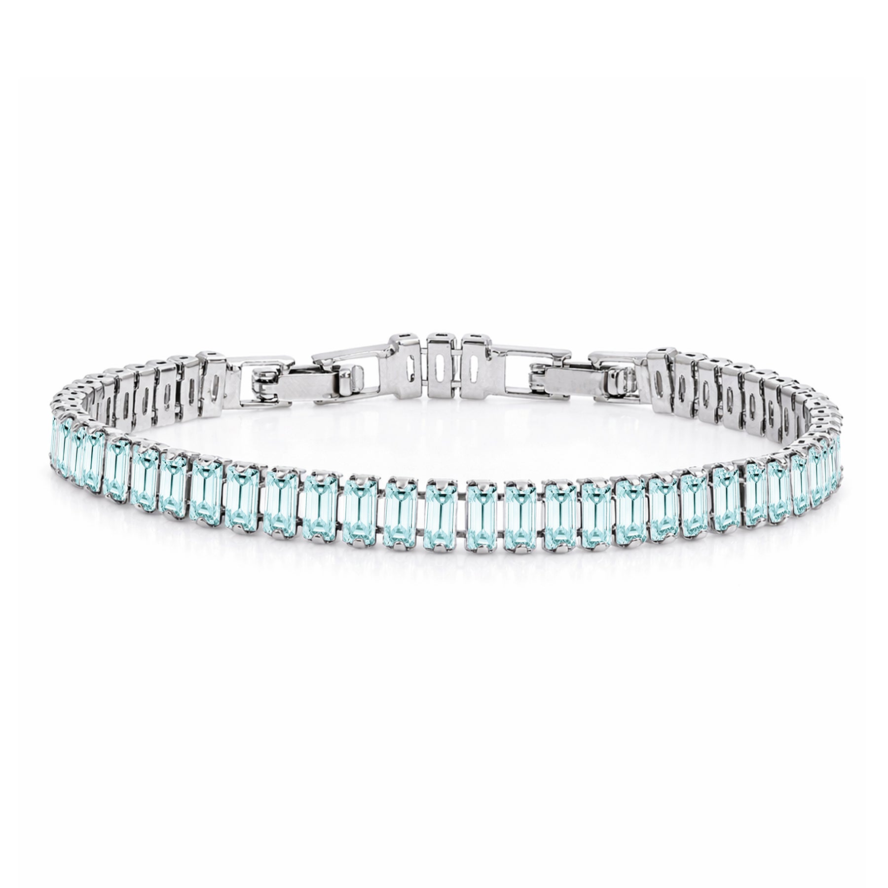 JeenMata 11 TCW March Aquamarine - Emerald Cut Birthstone Tennis Bracelet for Women in Eternity Design - White Gold Plating, Female, Adult