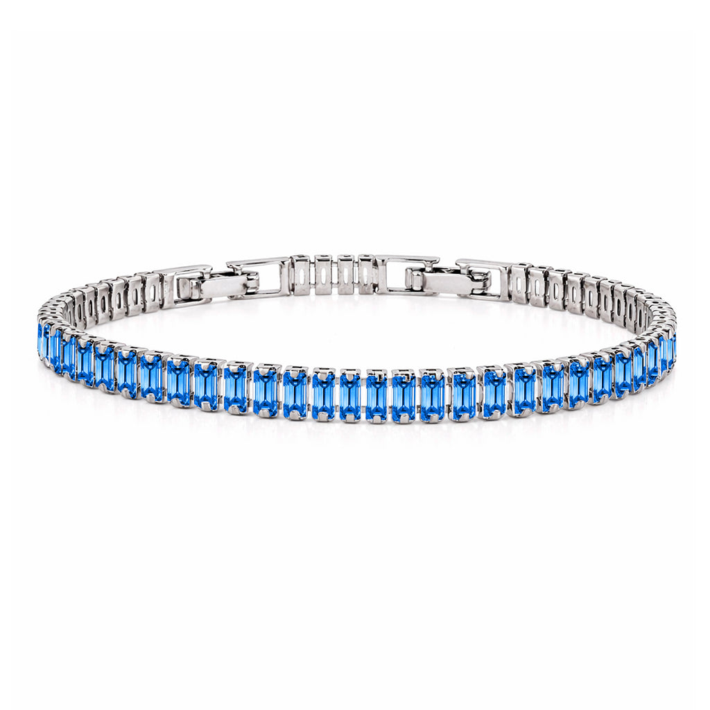 JeenMata 5.5 Carat September Blue Sapphire - Emerald Cut Birthstone Tennis Bracelet Eternity Design - White Gold Plating, Female, Adult