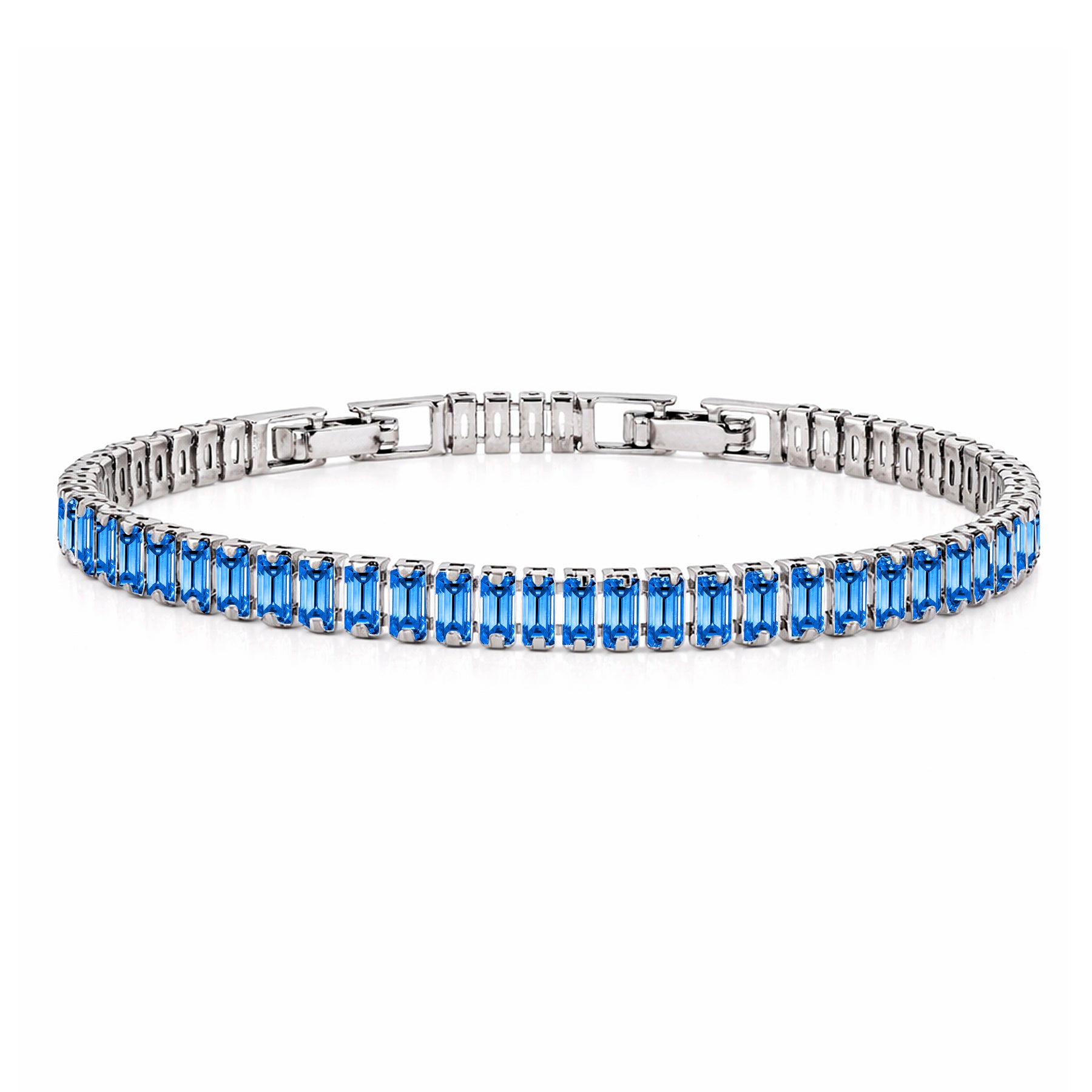 JeenMata 5.5 Carat September Blue Sapphire - Emerald Cut Birthstone Tennis Bracelet Eternity Design - White Gold Plating, Female, Adult