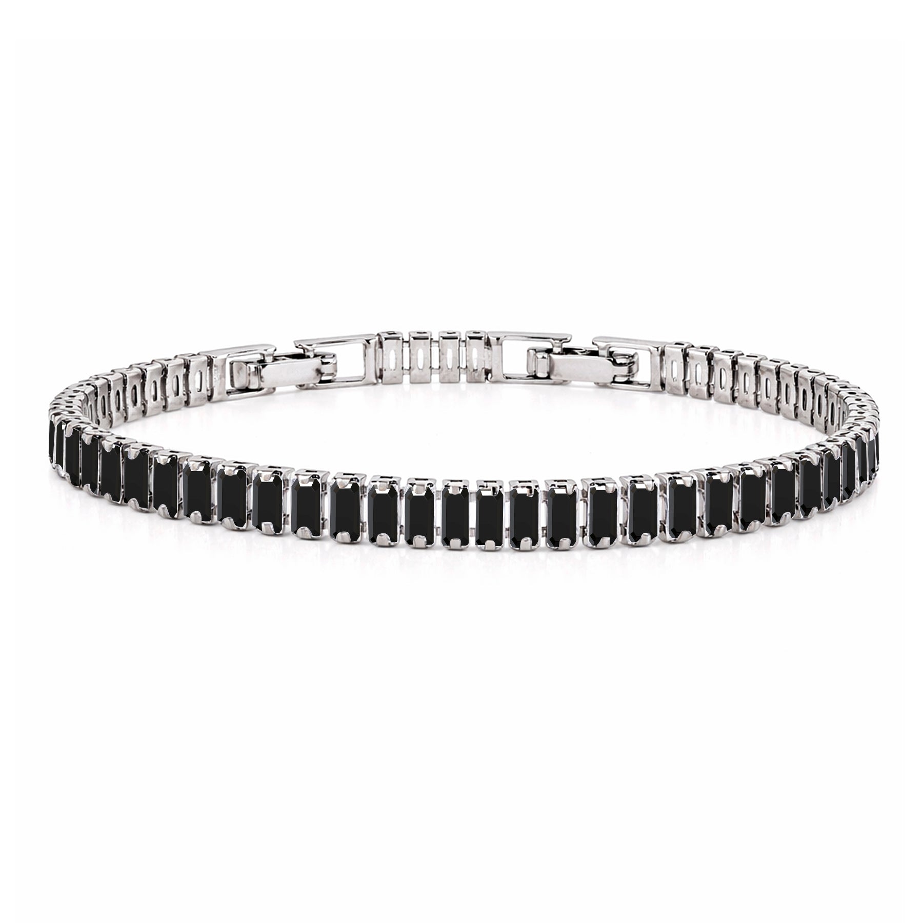 JeenMata 5.5 Carat Black Cubic Zirconia - Emerald Cut Birthstone Tennis Bracelet Eternity Design - White Gold Plating, Female, Adult