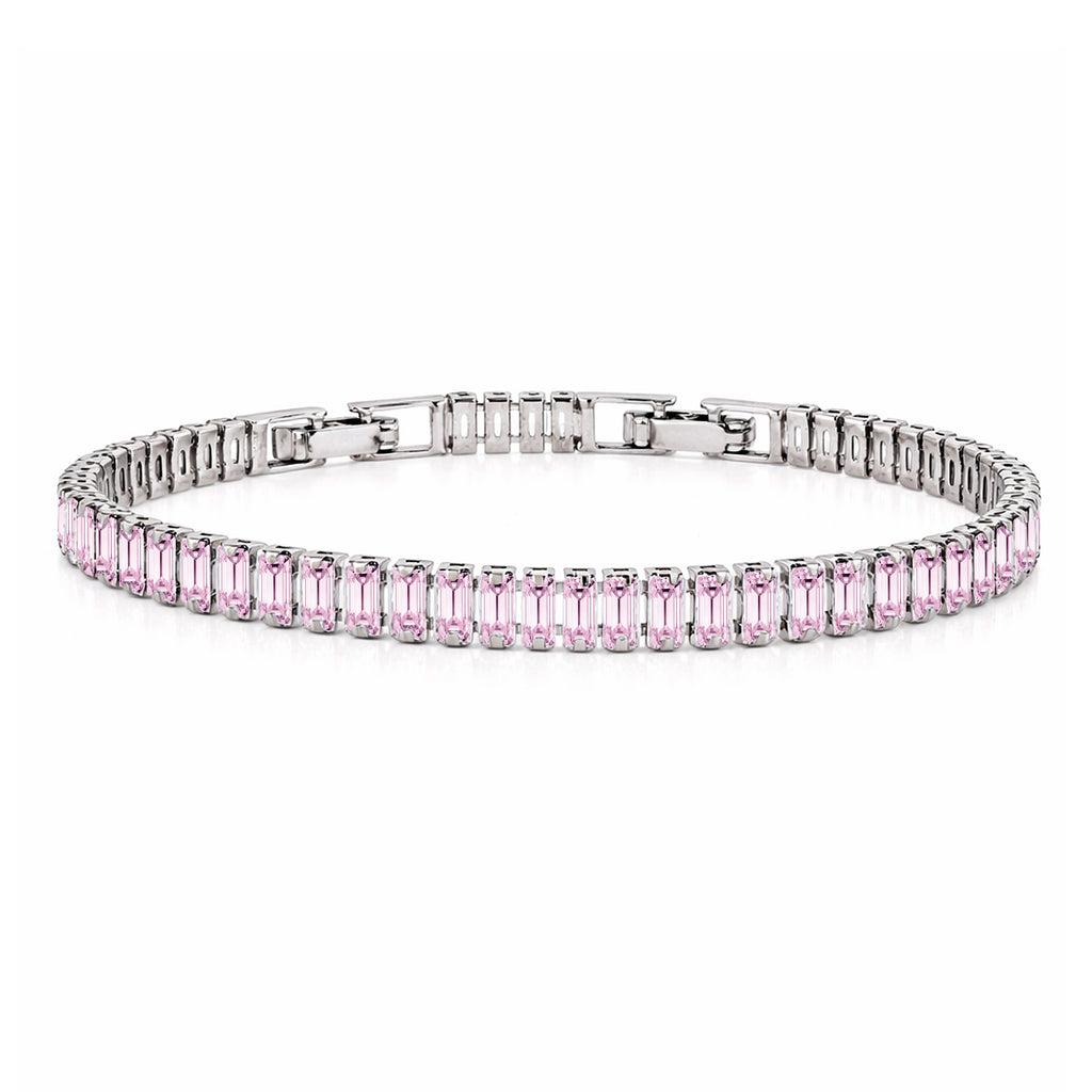 JeenMata 5.5 Carat October Pink Tourmaline - Emerald Cut Birthstone Tennis Bracelet Eternity Design - White Gold Plating, Female, Adult