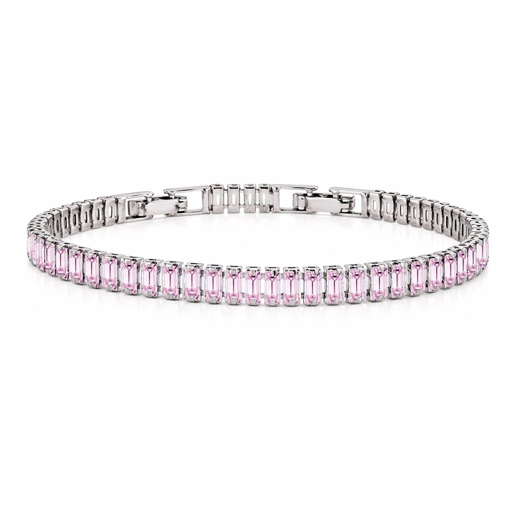 JeenMata 5.5 Carat October Pink Tourmaline - Emerald Cut Birthstone Tennis Bracelet Eternity Design - White Gold Plating, Female, Adult