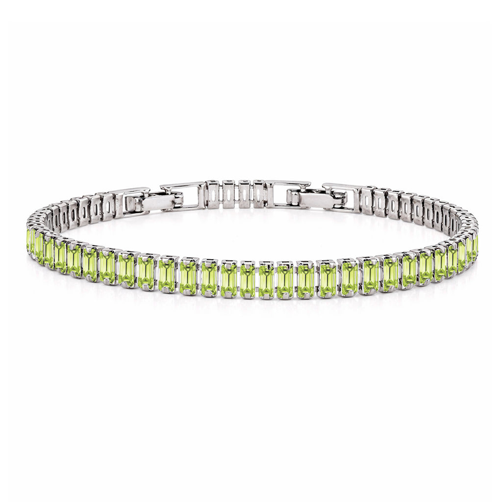 JeenMata 5.5 Carat August Peridot - Emerald Cut Birthstone Tennis Bracelet Eternity Design - White Gold Plating, Female, Adult