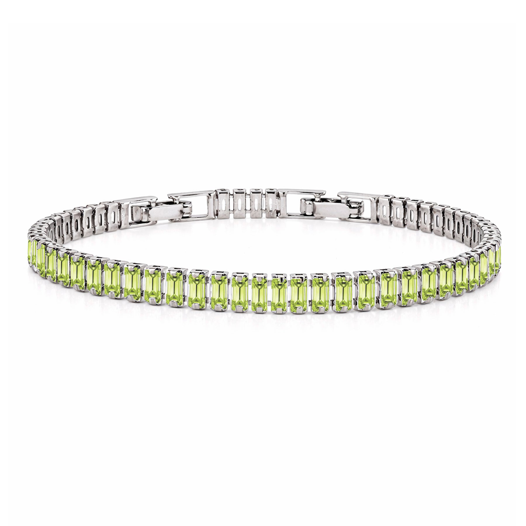 JeenMata 5.5 Carat August Peridot - Emerald Cut Birthstone Tennis Bracelet Eternity Design - White Gold Plating, Female, Adult