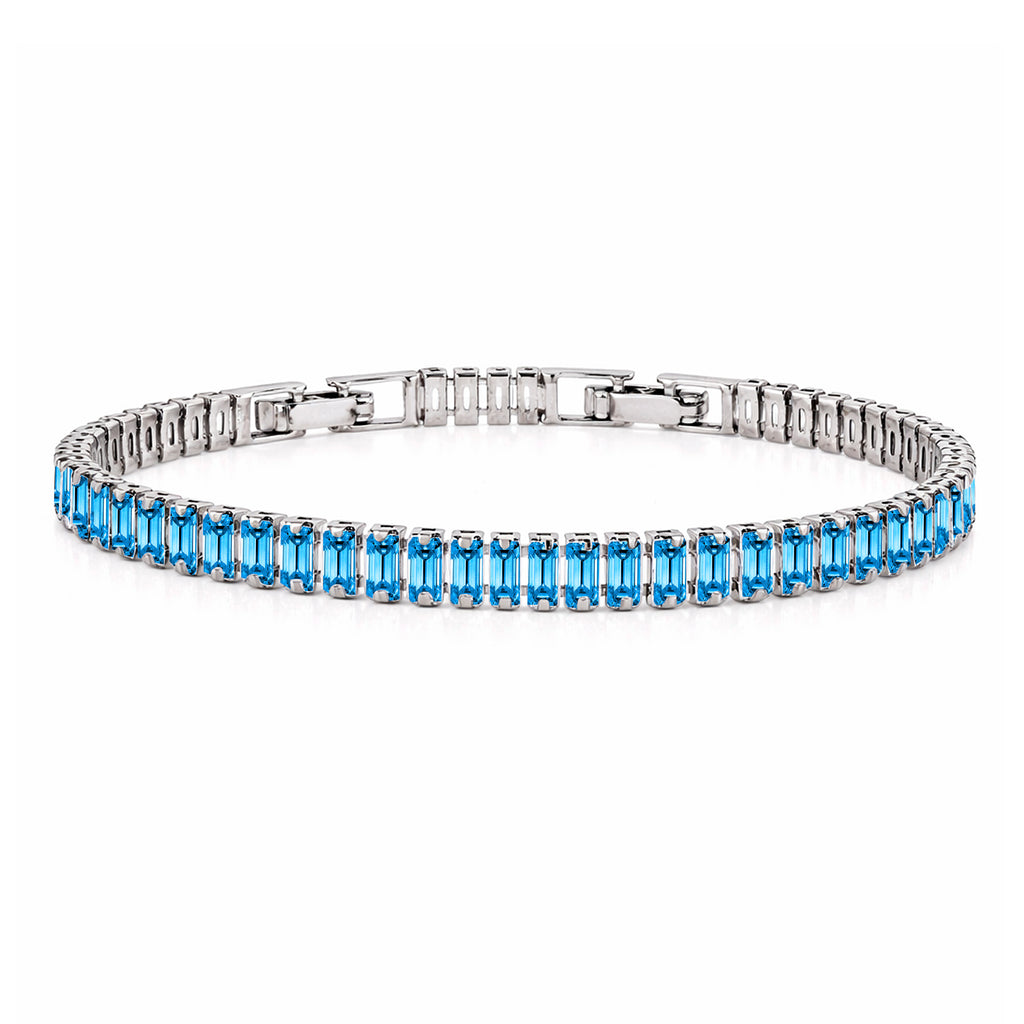 JeenMata 5.5 Carat December Blue Topaz - Emerald Cut Birthstone Tennis Bracelet Eternity Design - White Gold Plating, Female, Adult